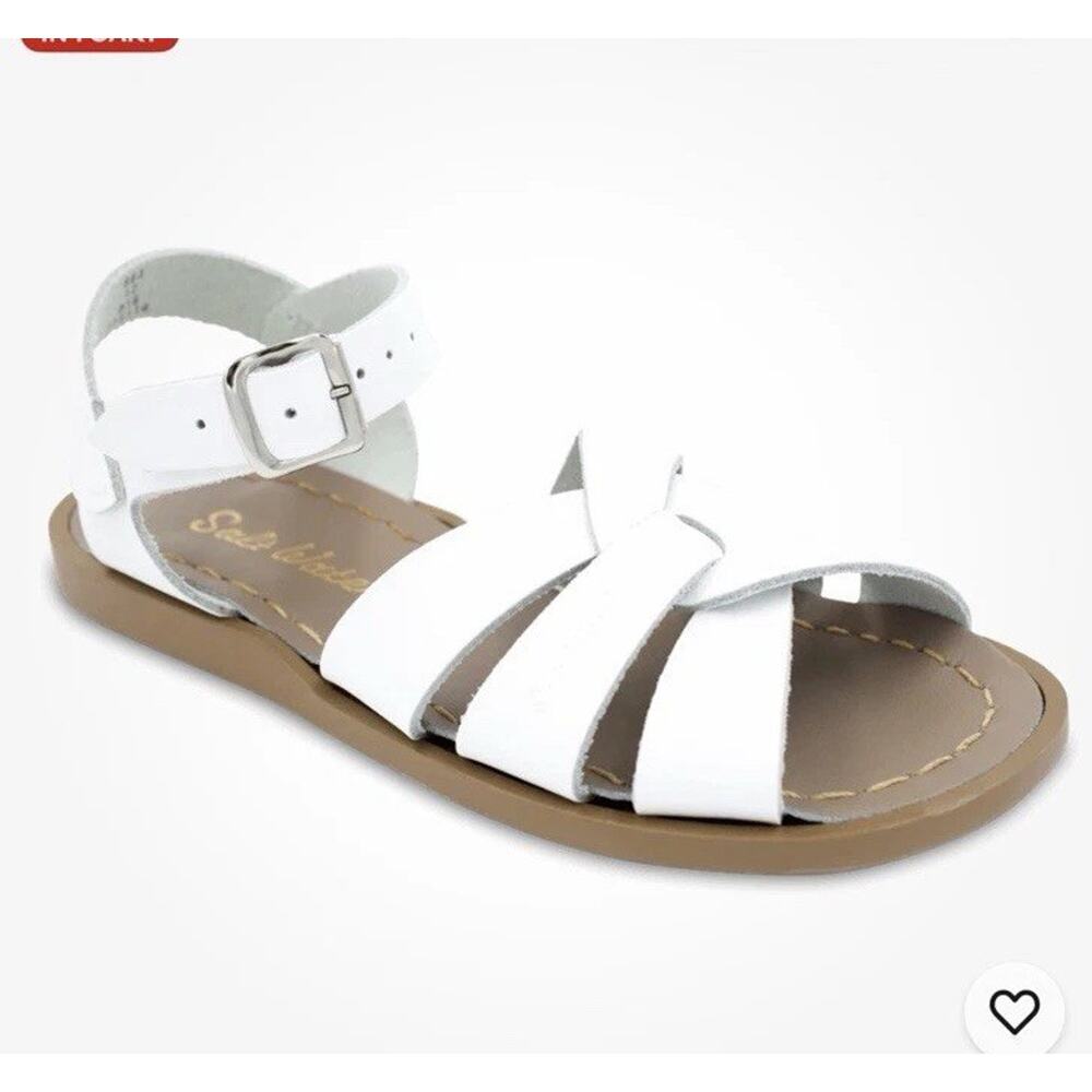 Salt Water Sandals by Hoy White Girls Strappy Ankle Buckle Sandals with Tan Sole